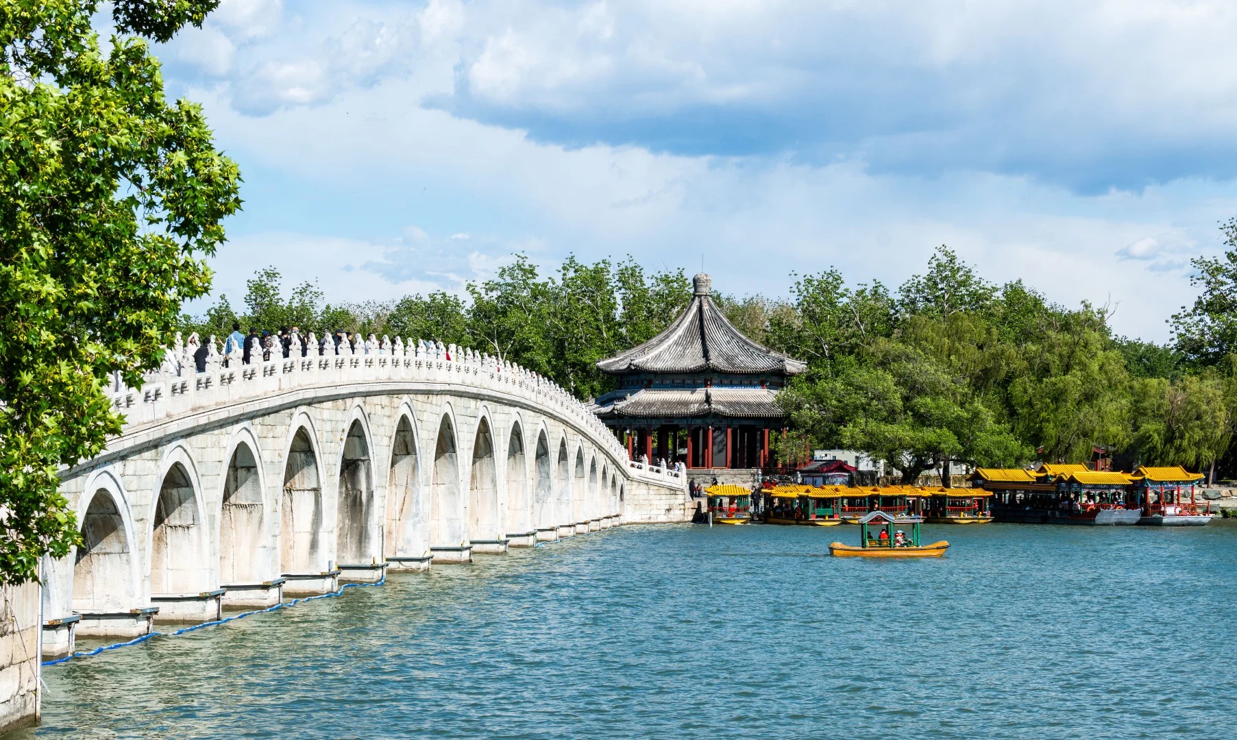 Seventeen-Arch Bridge and pavilion beside Kunming Lake at the Summer Palace.