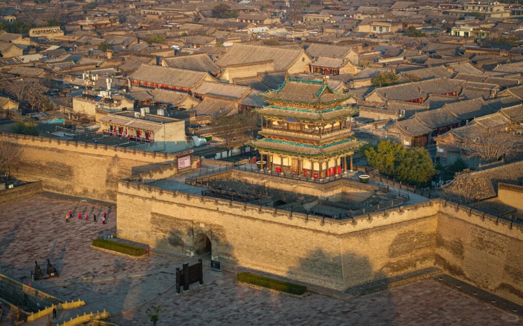 Pingyao's walled urban pattern remains legible across rooftops, courtyards and historic streets.