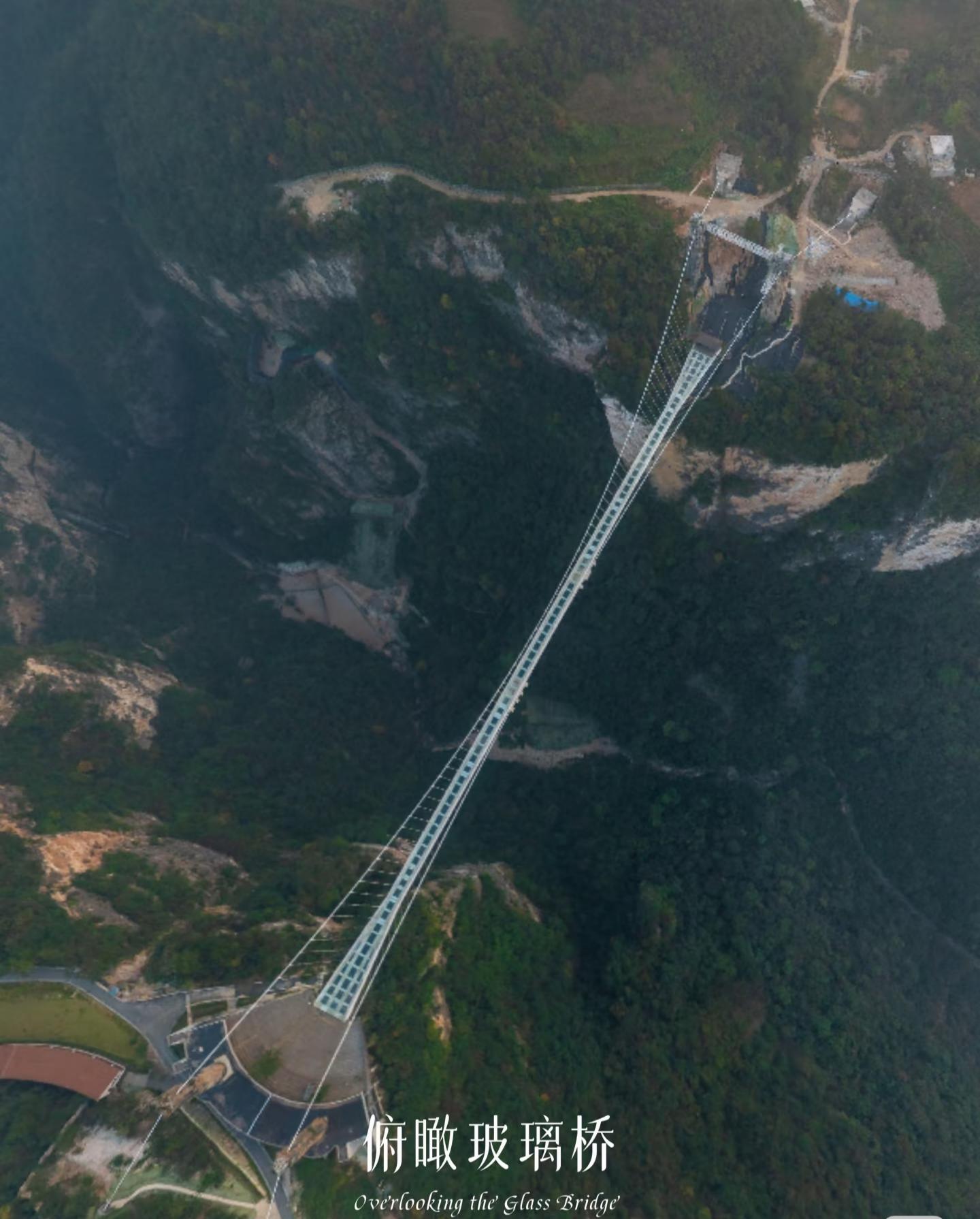 Aerial view of the glass bridge spanning Zhangjiajie Grand Canyon between forested cliffs.