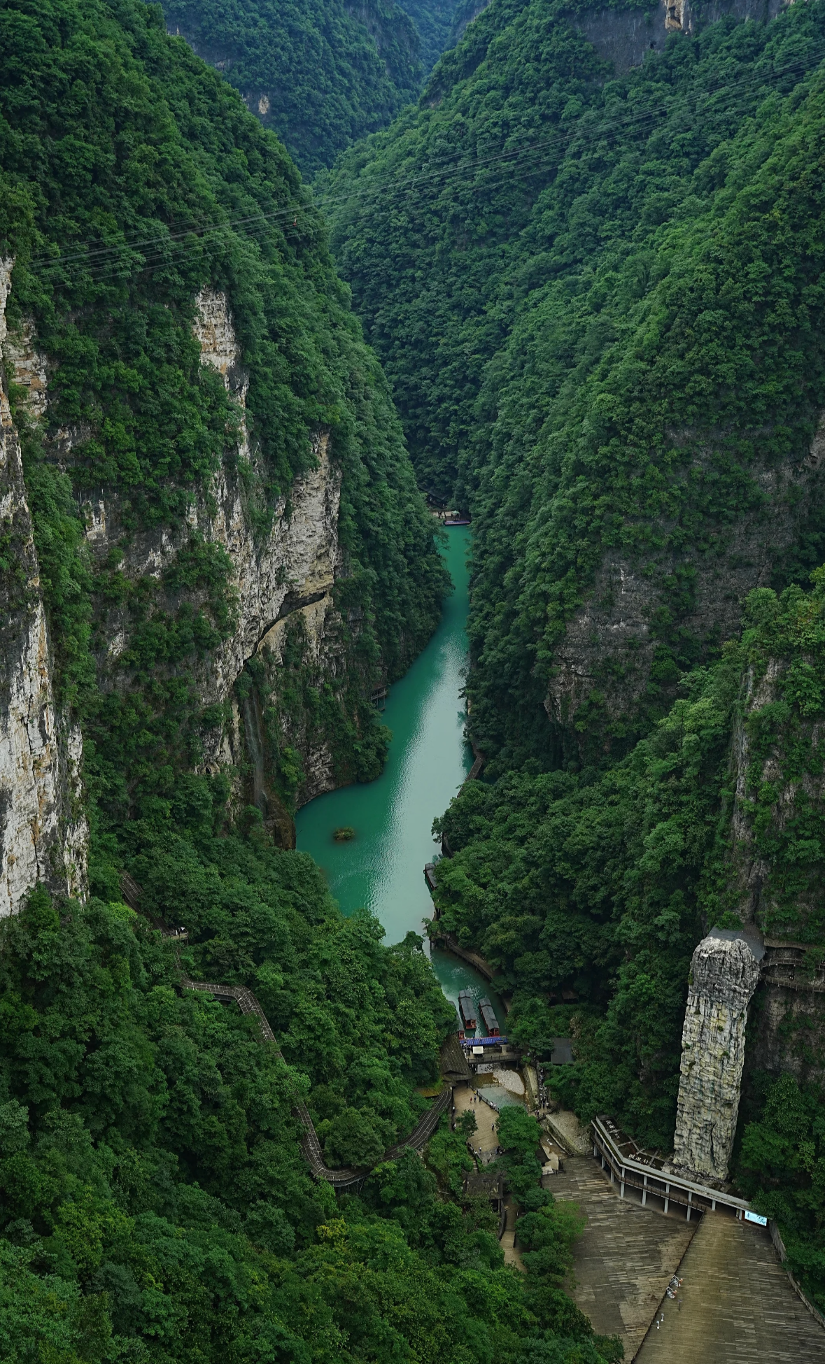 Emerald river flowing between steep, densely forested walls in Zhangjiajie Grand Canyon.